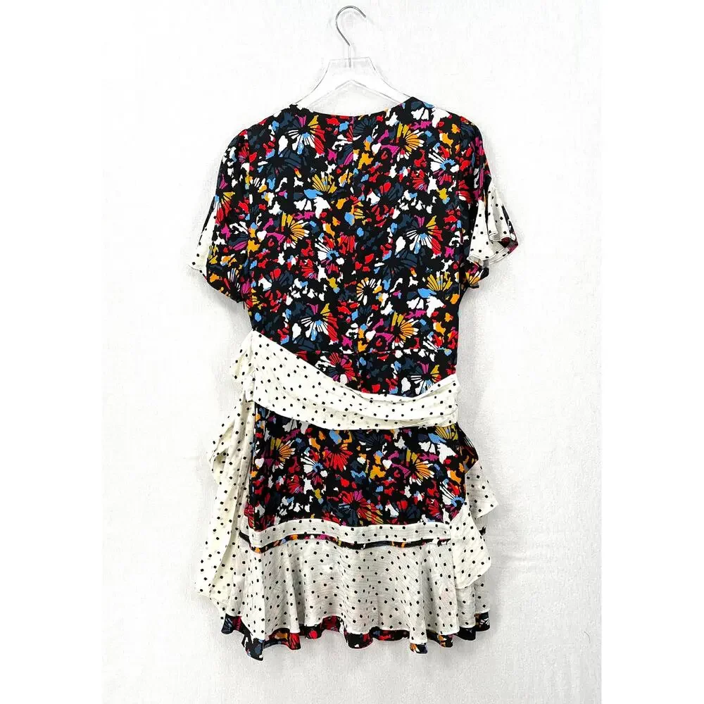 TANYA TAYLOR Bianka Combo Silk Wrap Dress Womens 8 Floral Polka Dot Ruffle Wrap - Picture 5 of 16